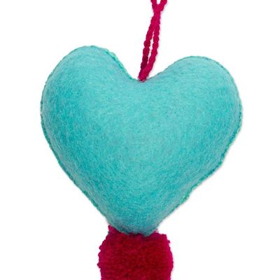 Alternate image for Hand-Embroidered Heart-Shaped Blue Wool Felt Ornament Bright Floral Heart