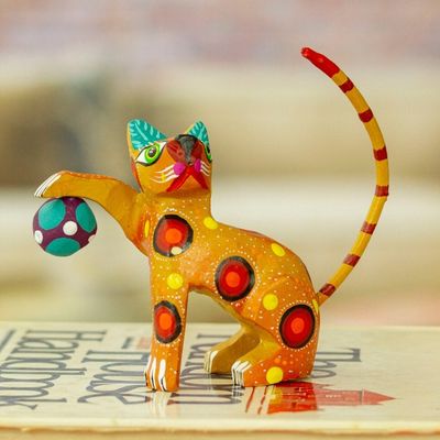 Alternate image for Painted Mustard Copal Wood Alebrije Cat Figurine with Ball Feline Sport in Mustard