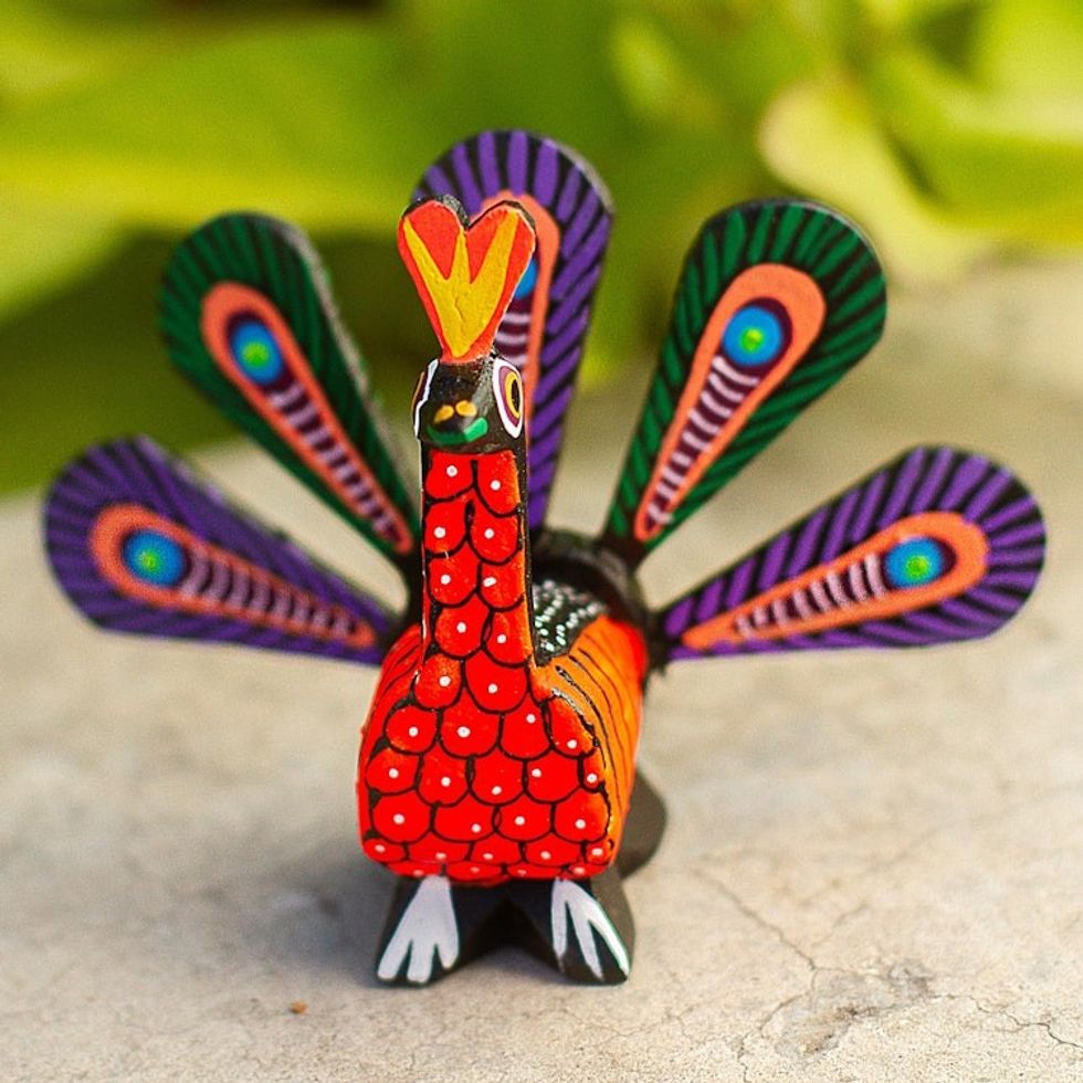 Hand-Painted Alebrije Wood Peacock Sculpture from Mexico 'Colorful Peacock'