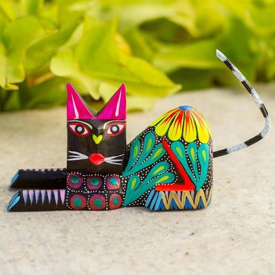 Alternate image for Copal Wood Floral Alebrije Black Cat Sculpture from Mexico Excited Black Cat
