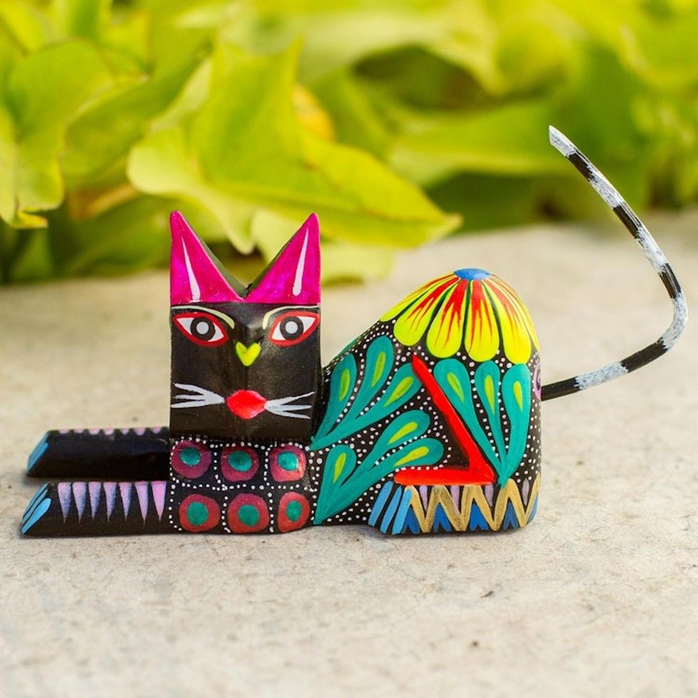 Copal Wood Floral Alebrije Black Cat Sculpture from Mexico 'Excited Black Cat'