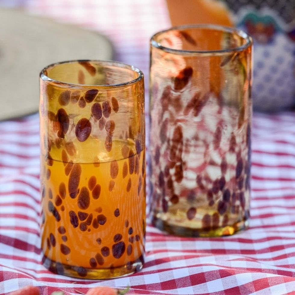 Six Water Glasses Handblown Recycled Glass Drinkware Mexico 'Tall Tortoise Shell'