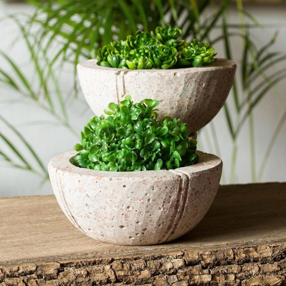 Round Reclaimed Stone Flower Pots from Mexico Pair 'Verdant Bowls'