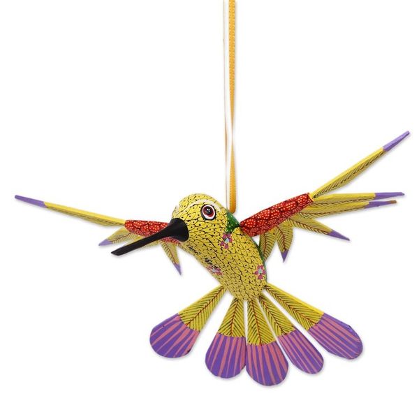 Alternate image for Copal Wood Yellow Colorful Alebrije Hummingbird Ornament Fanciful Flutter in Yellow