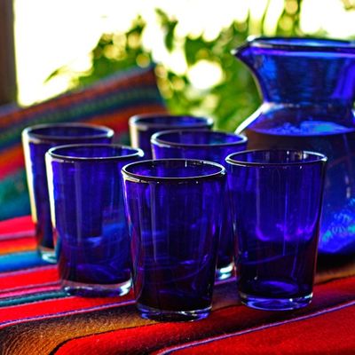 Alternate image for Handblown Recycled Glass Tumbler Drinkware Set of 6 Blue Cobalt Angles