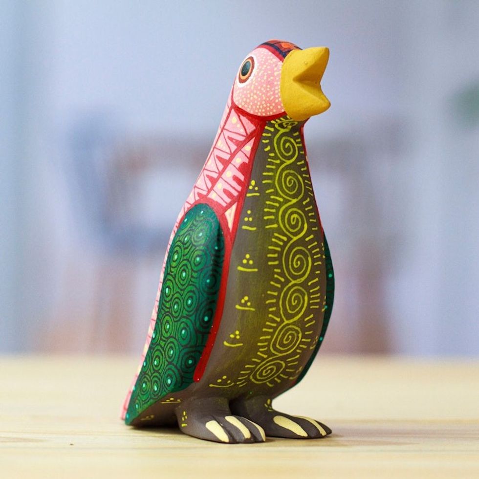 Painted Red and Green Copal Wood Penguin Alebrije Sculpture 'Green Antarctica'