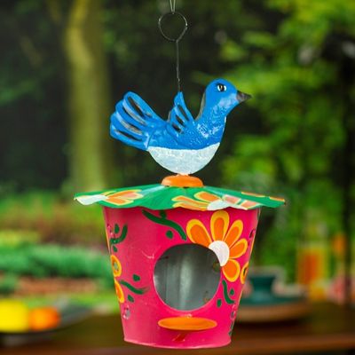 Alternate image for Handcrafted Floral Tin Birdhouse and Feeder with Blue Bird Merry Chants