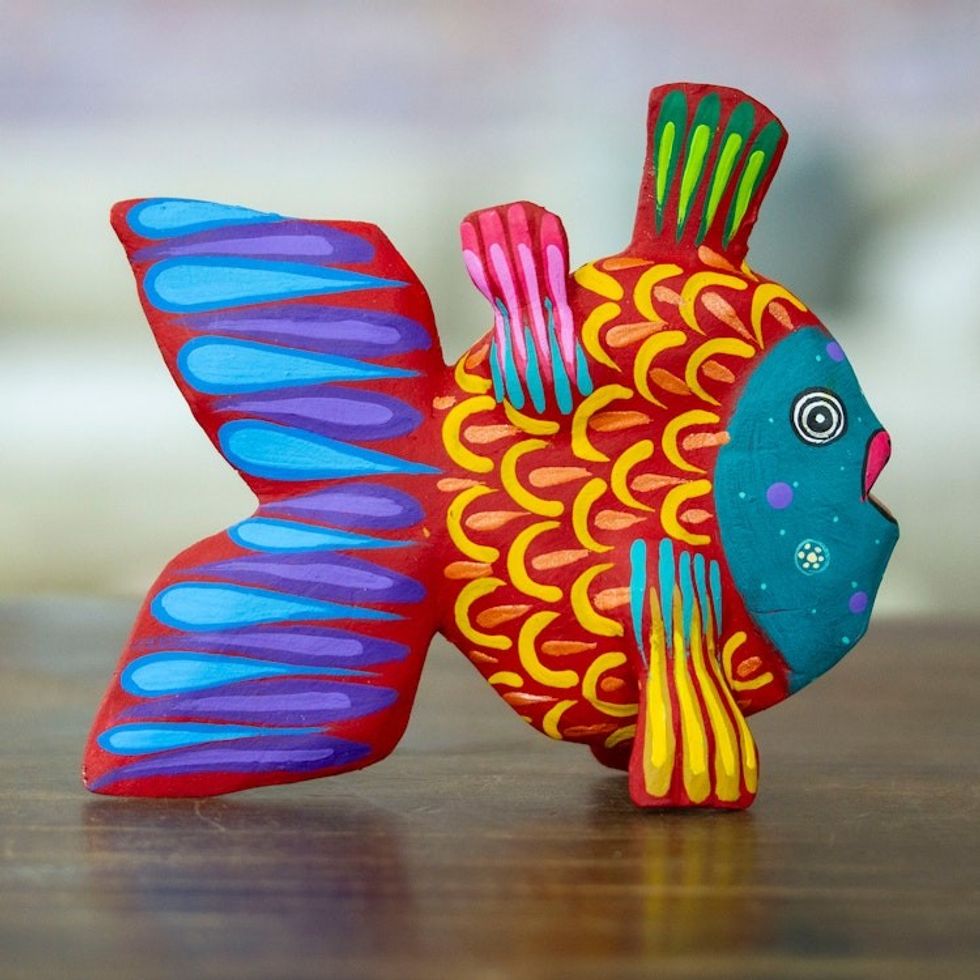 Hand-Painted Red and Teal Copal Wood Alebrije Fish Figurine 'Mojarra's Strawberry Dream'