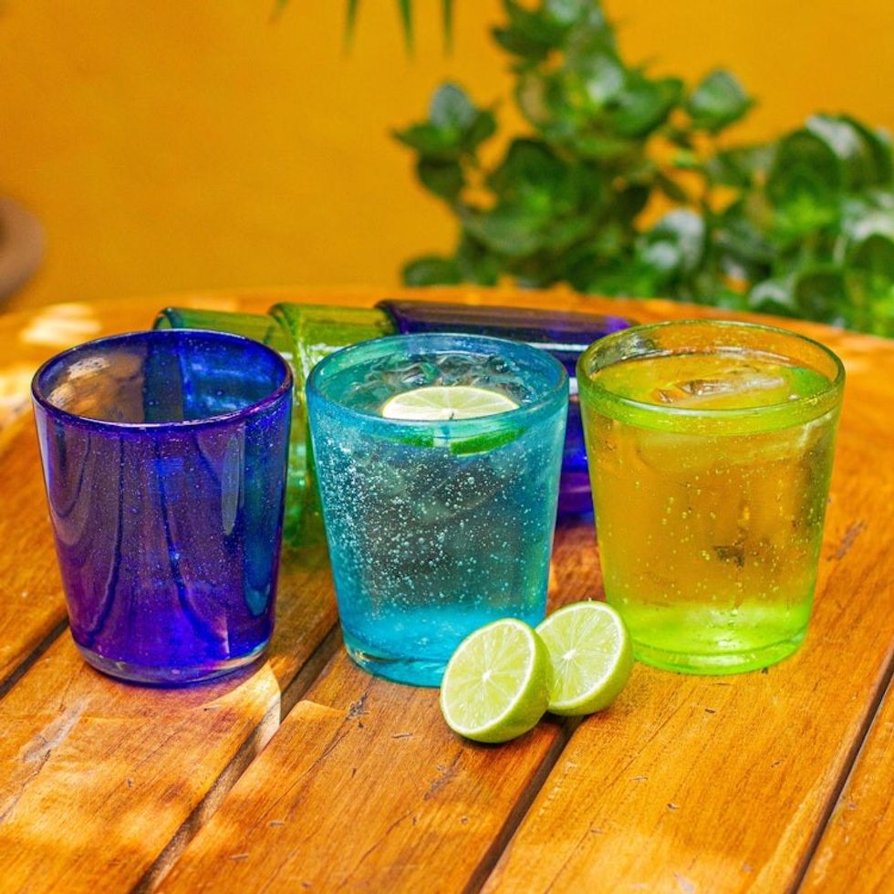 Hand Blown Glass Juice Glasses in 3 Colors Set of 6 'Two by Two'