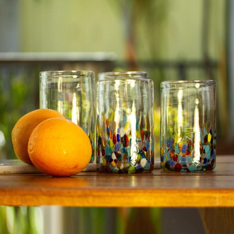 Handblown Recycled Glass Tumbler Drinkware Set of 6 'Confetti Festival'