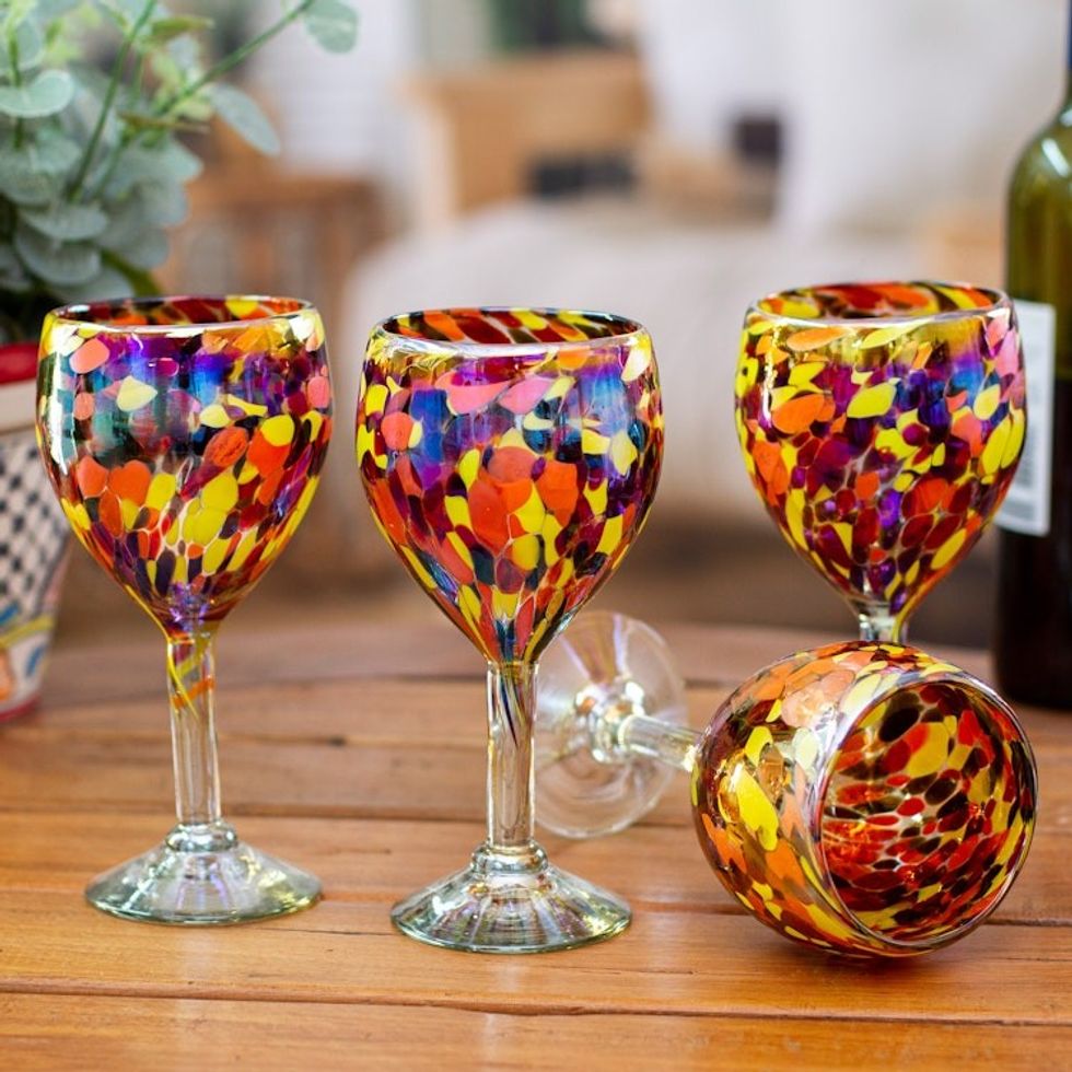 Set of 4 Colorful Wine Glasses Handblown from Recycled Glass 'Bright Confetti'