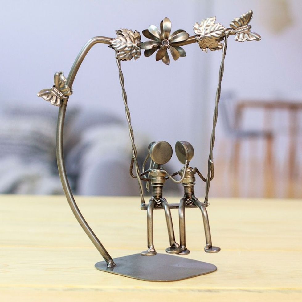 Eco-Friendly Recycled Auto Part Statuette of Couple in Swing 'Romantic Swing'