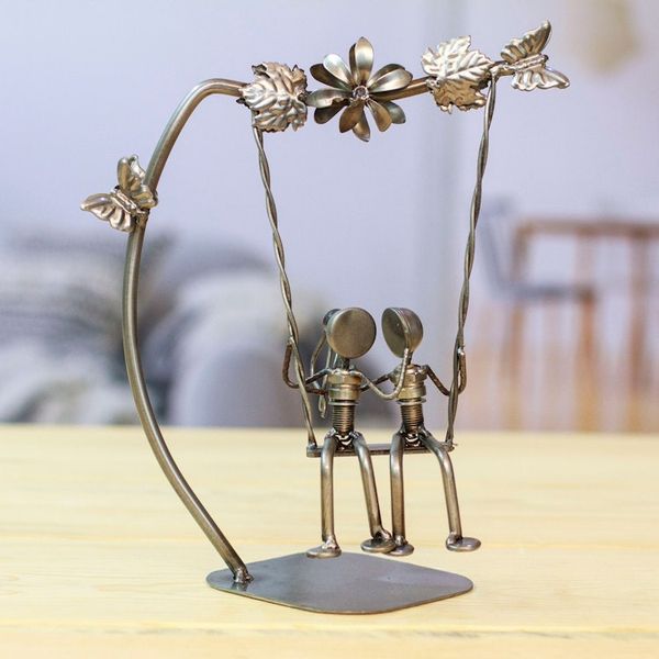 Alternate image for Eco-Friendly Recycled Auto Part Statuette of Couple in Swing Romantic Swing
