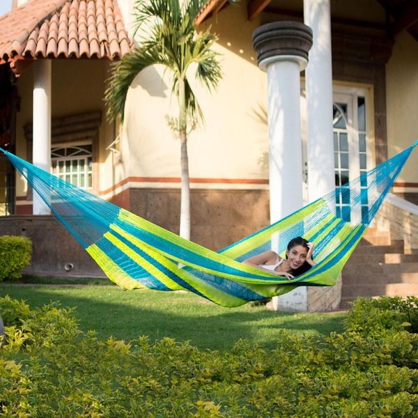 Alternate image for Neon Green and Blue Hand Woven Nylon Maya Hammock Single Fluorescent Tropics