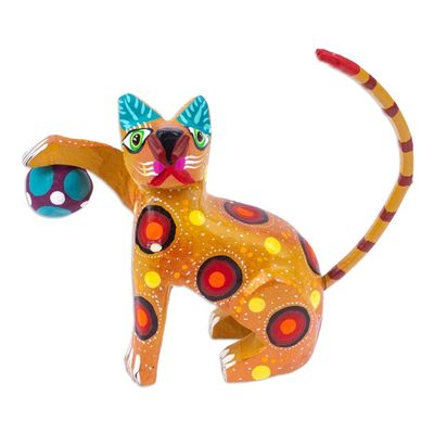 Alternate image for Painted Mustard Copal Wood Alebrije Cat Figurine with Ball Feline Sport in Mustard