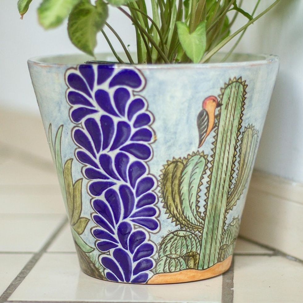 Hand Painted Cactus Motif Ceramic Planter from Puebla 'Puebla Flora'