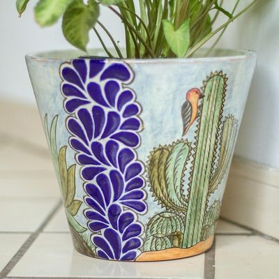 Alternate image for Hand Painted Cactus Motif Ceramic Planter from Puebla Puebla Flora