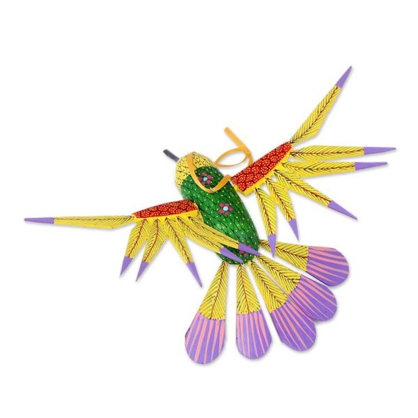 Alternate image for Copal Wood Yellow Colorful Alebrije Hummingbird Ornament Fanciful Flutter in Yellow