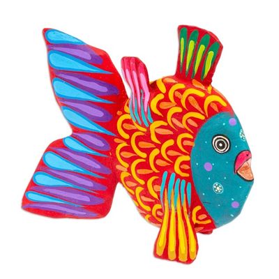 Alternate image for Hand-Painted Red and Teal Copal Wood Alebrije Fish Figurine Mojarras Strawberry Dream