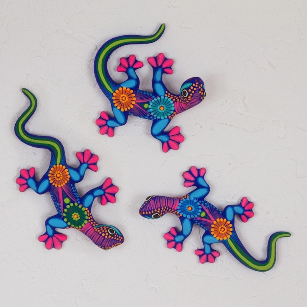 Hand Painted Mexican Ceramic Wall Art Lizards Set of 3 'Lizard Fun'