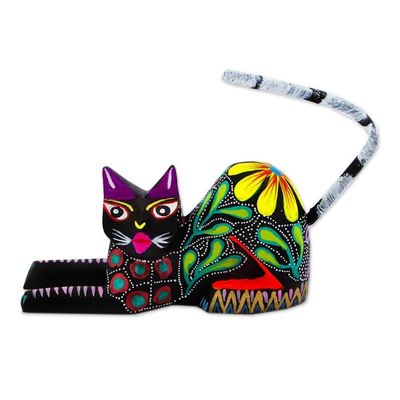 Alternate image for Copal Wood Floral Alebrije Black Cat Sculpture from Mexico Excited Black Cat