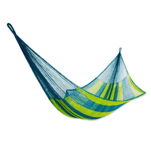 Alternate image for Neon Green and Blue Hand Woven Nylon Maya Hammock Single Fluorescent Tropics