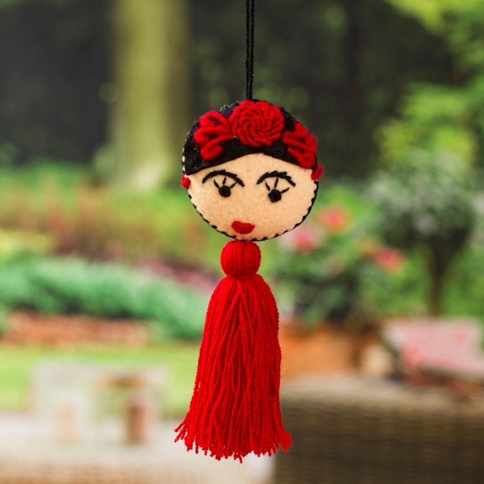 Frida Kahlo Embroidered Wool Ornament from Mexico 'Frida's Crimson Heart'