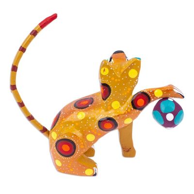 Alternate image for Painted Mustard Copal Wood Alebrije Cat Figurine with Ball Feline Sport in Mustard