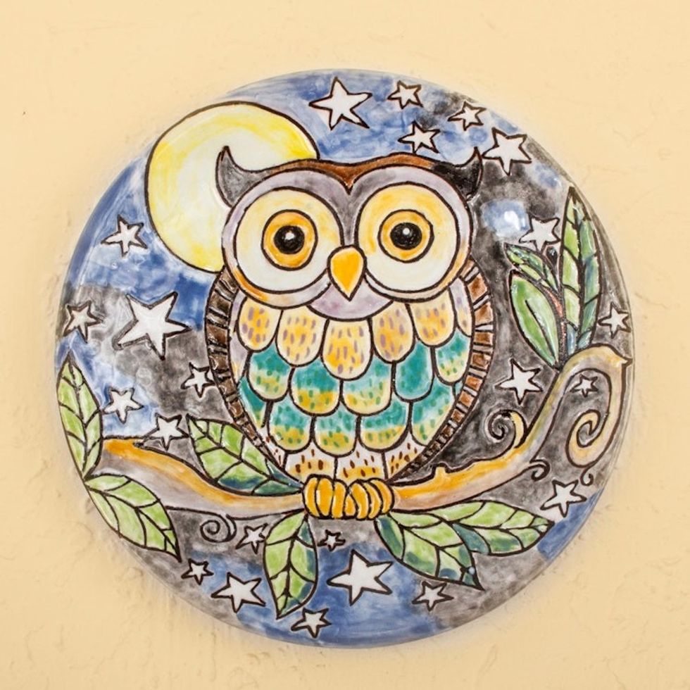 Owl Under Night Sky Colorful Ceramic Decorative Plate 'Whimsical Owl'