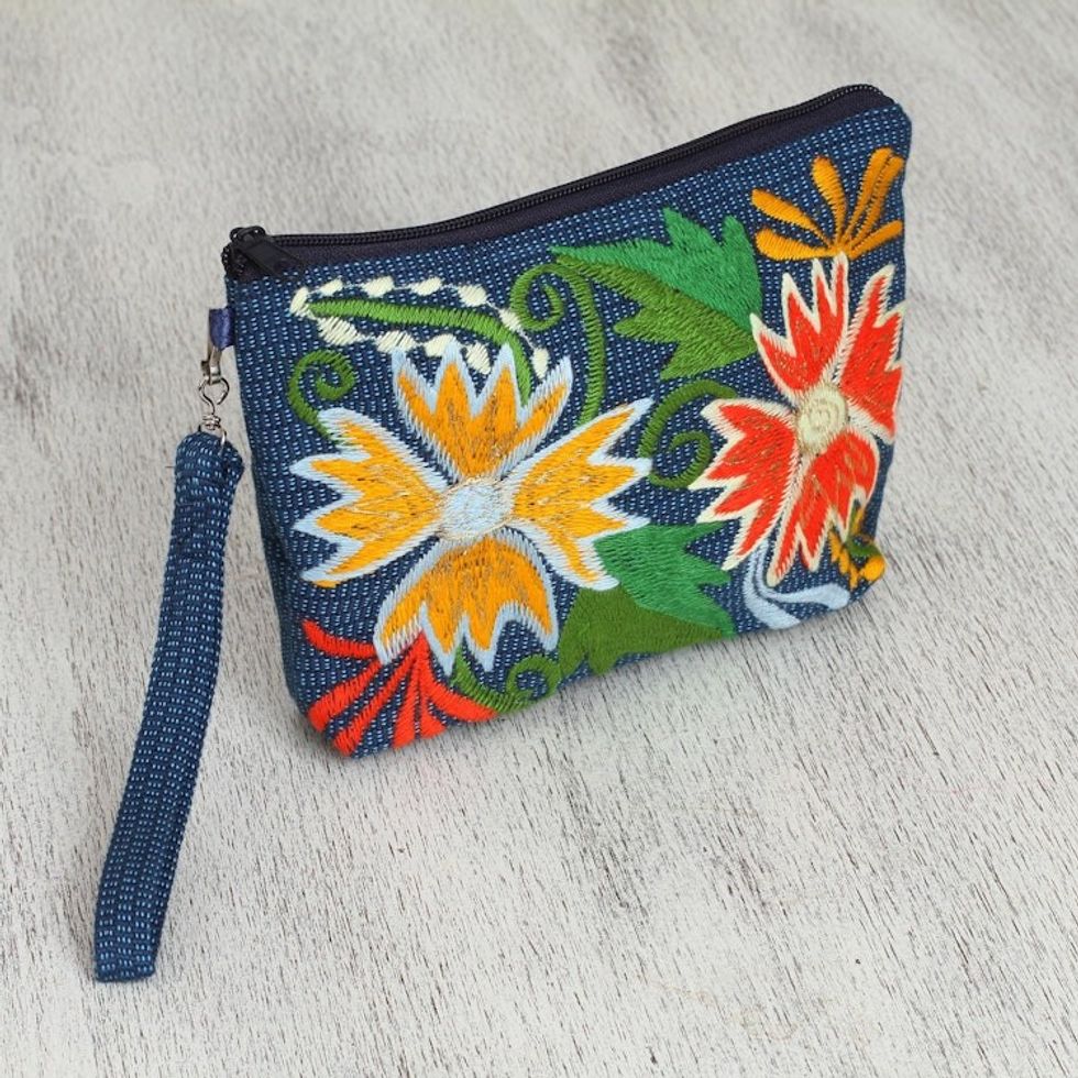 Floral Embroidered Cotton Cosmetic Bag from Mexico 'Flowers of Zinacantan'