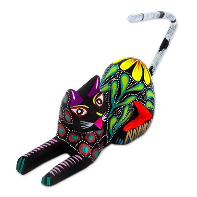 Alternate image for Copal Wood Floral Alebrije Black Cat Sculpture from Mexico Excited Black Cat