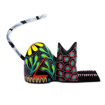 Alternate image for Copal Wood Floral Alebrije Black Cat Sculpture from Mexico Excited Black Cat
