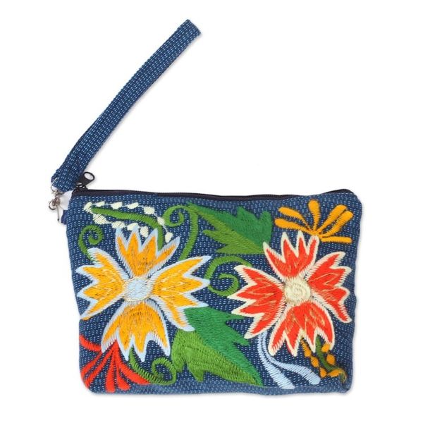 Alternate image for Floral Embroidered Cotton Cosmetic Bag from Mexico Flowers of Zinacantan