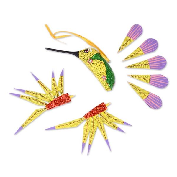 Alternate image for Copal Wood Yellow Colorful Alebrije Hummingbird Ornament Fanciful Flutter in Yellow