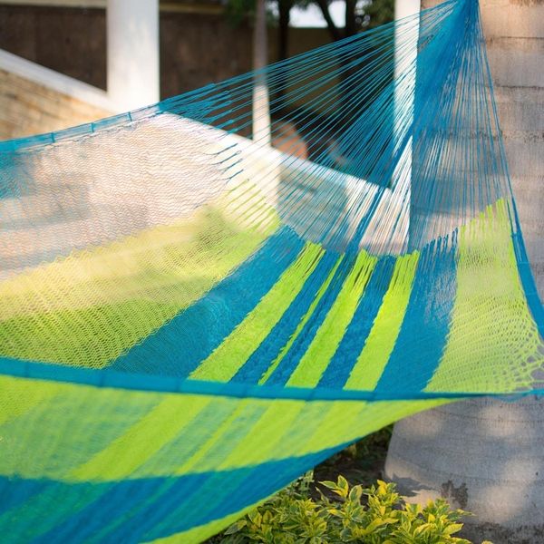 Alternate image for Neon Green and Blue Hand Woven Nylon Maya Hammock Single Fluorescent Tropics