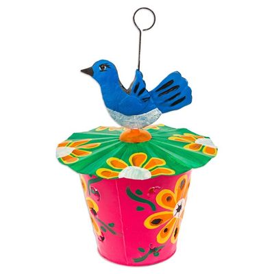 Alternate image for Handcrafted Floral Tin Birdhouse and Feeder with Blue Bird Merry Chants