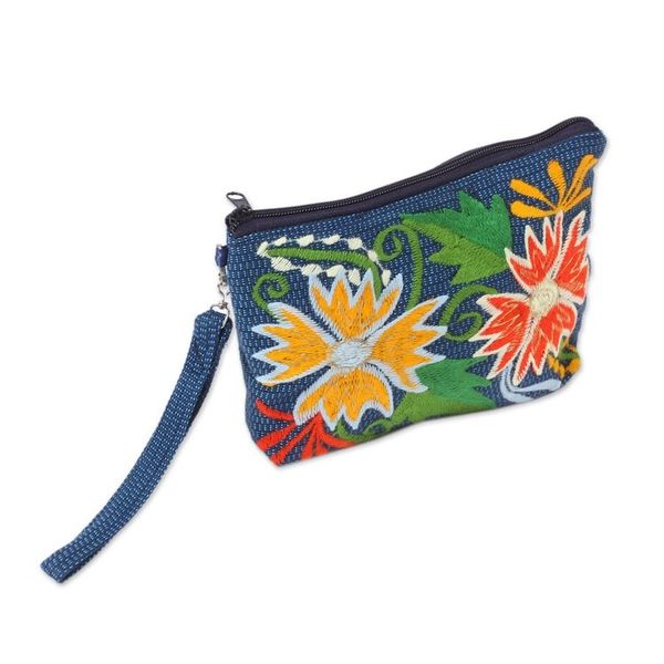 Alternate image for Floral Embroidered Cotton Cosmetic Bag from Mexico Flowers of Zinacantan