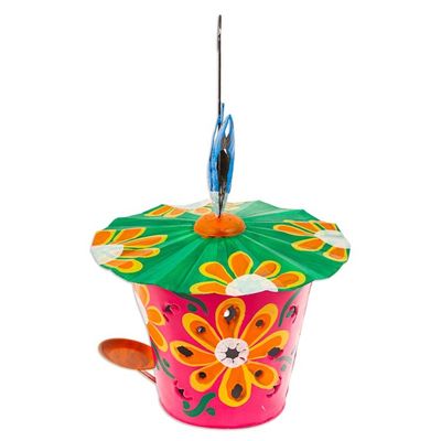 Alternate image for Handcrafted Floral Tin Birdhouse and Feeder with Blue Bird Merry Chants