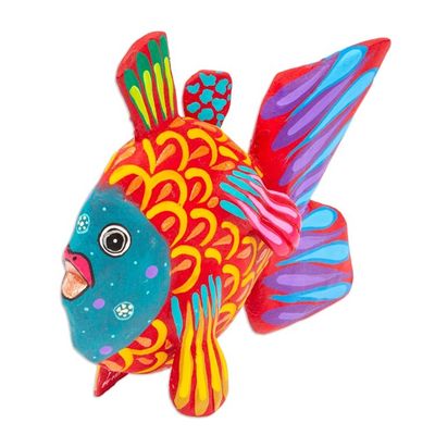 Alternate image for Hand-Painted Red and Teal Copal Wood Alebrije Fish Figurine Mojarras Strawberry Dream