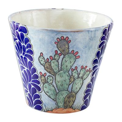 Alternate image for Hand Painted Cactus Motif Ceramic Planter from Puebla Puebla Flora