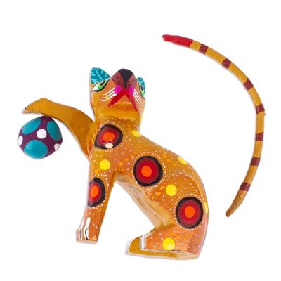 Alternate image for Painted Mustard Copal Wood Alebrije Cat Figurine with Ball Feline Sport in Mustard