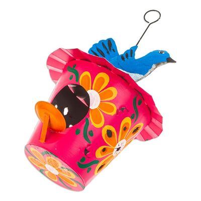 Alternate image for Handcrafted Floral Tin Birdhouse and Feeder with Blue Bird Merry Chants