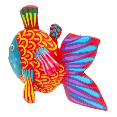 Alternate image for Hand-Painted Red and Teal Copal Wood Alebrije Fish Figurine Mojarras Strawberry Dream