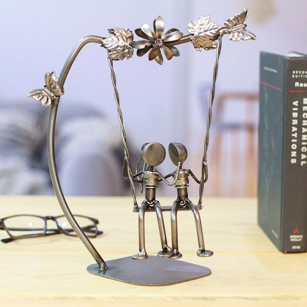 Alternate image for Eco-Friendly Recycled Auto Part Statuette of Couple in Swing Romantic Swing