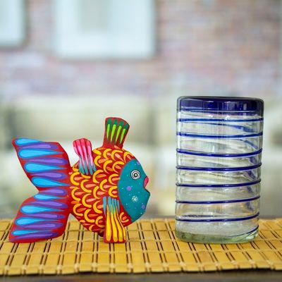 Alternate image for Hand-Painted Red and Teal Copal Wood Alebrije Fish Figurine Mojarras Strawberry Dream