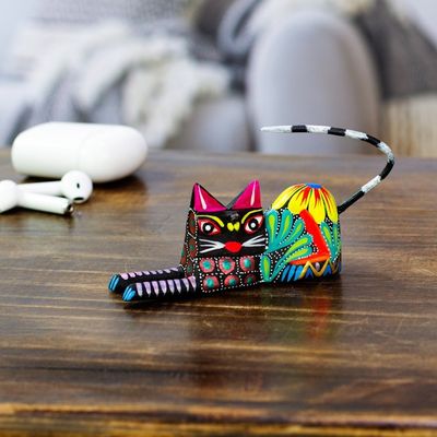 Alternate image for Copal Wood Floral Alebrije Black Cat Sculpture from Mexico Excited Black Cat