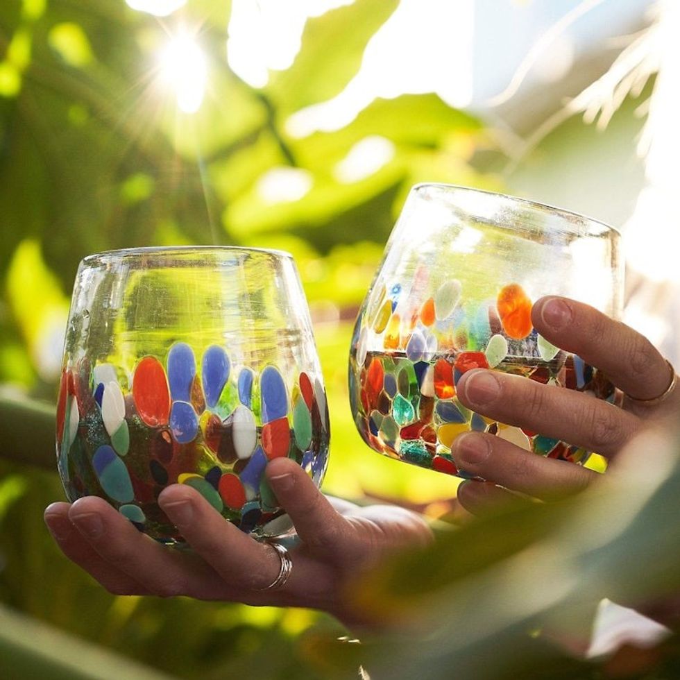 Artisan Handblown Stemless Wine Glasses Pair 'Confetti Festival'