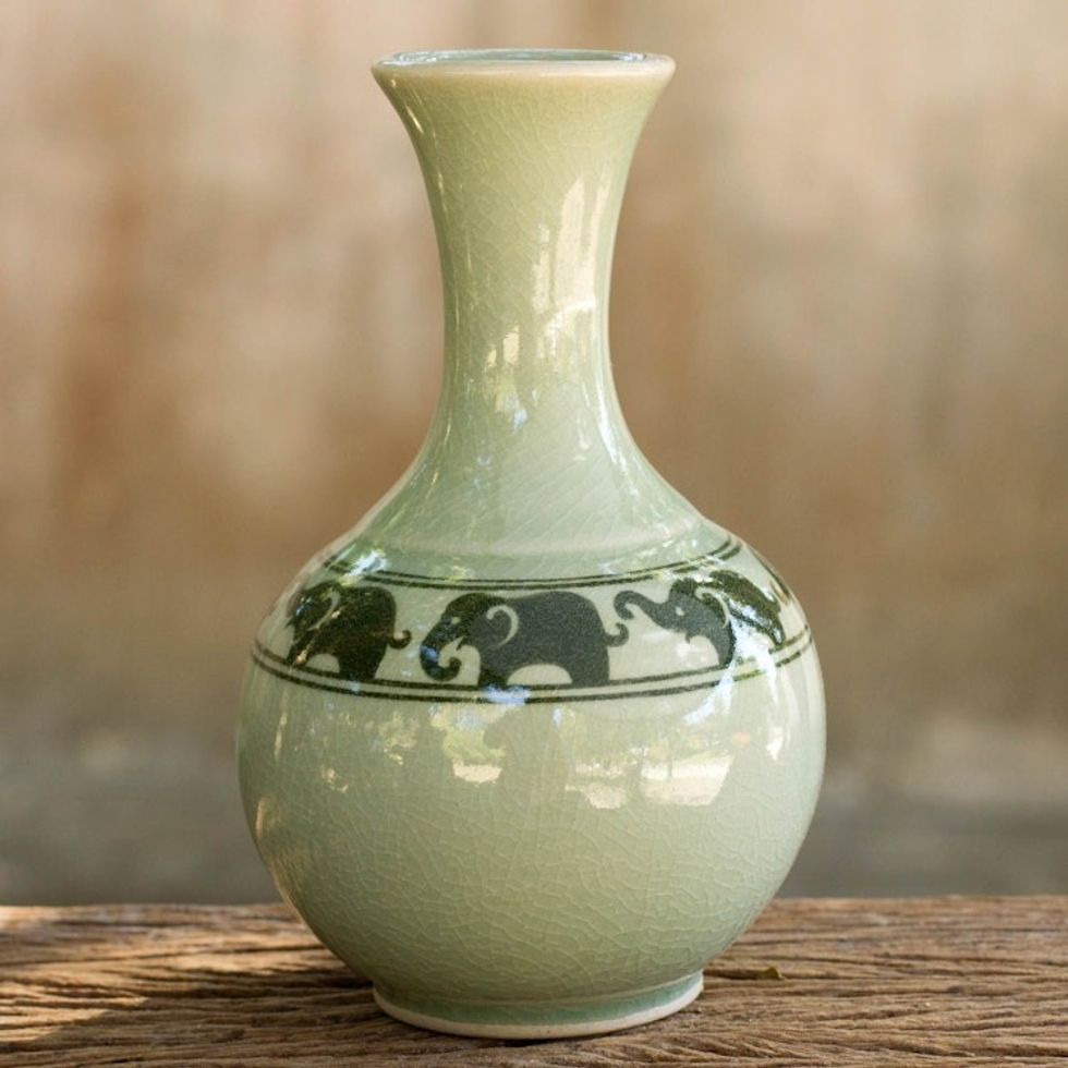 Green Celadon Narrow Neck Elephant Vase from Thailand 'Green Prancing Elephants'