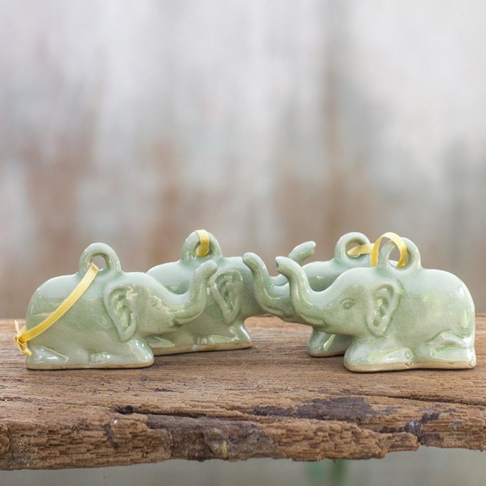 Fair Trade Celadon Ceramic Christmas Ornaments Set of 4 'Green Holiday Elephants'