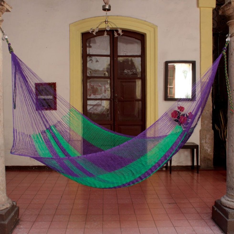 Mexico Handmade Mayan Rope Style Single Nylon Hammock 'Green Vineyard'